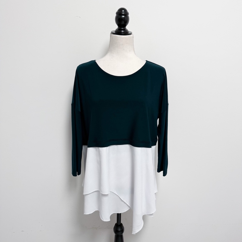 Sun Kim Blue White Colorblock 3/4 Length Sleeve Handkerchief Hem Oversized Tunic